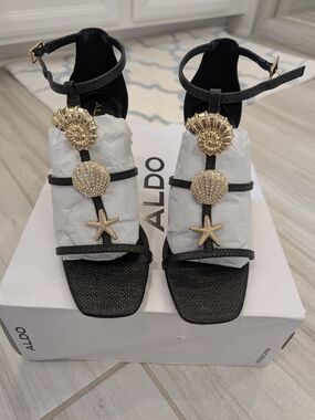 ALDO Woven Black T-Strap Sandals with Gold Sea Charm Accents
